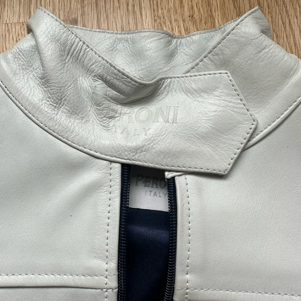 Peroni Italy White Leather Full Zip LOGO perforated Sleeve Jacket - Picture 5 of 9